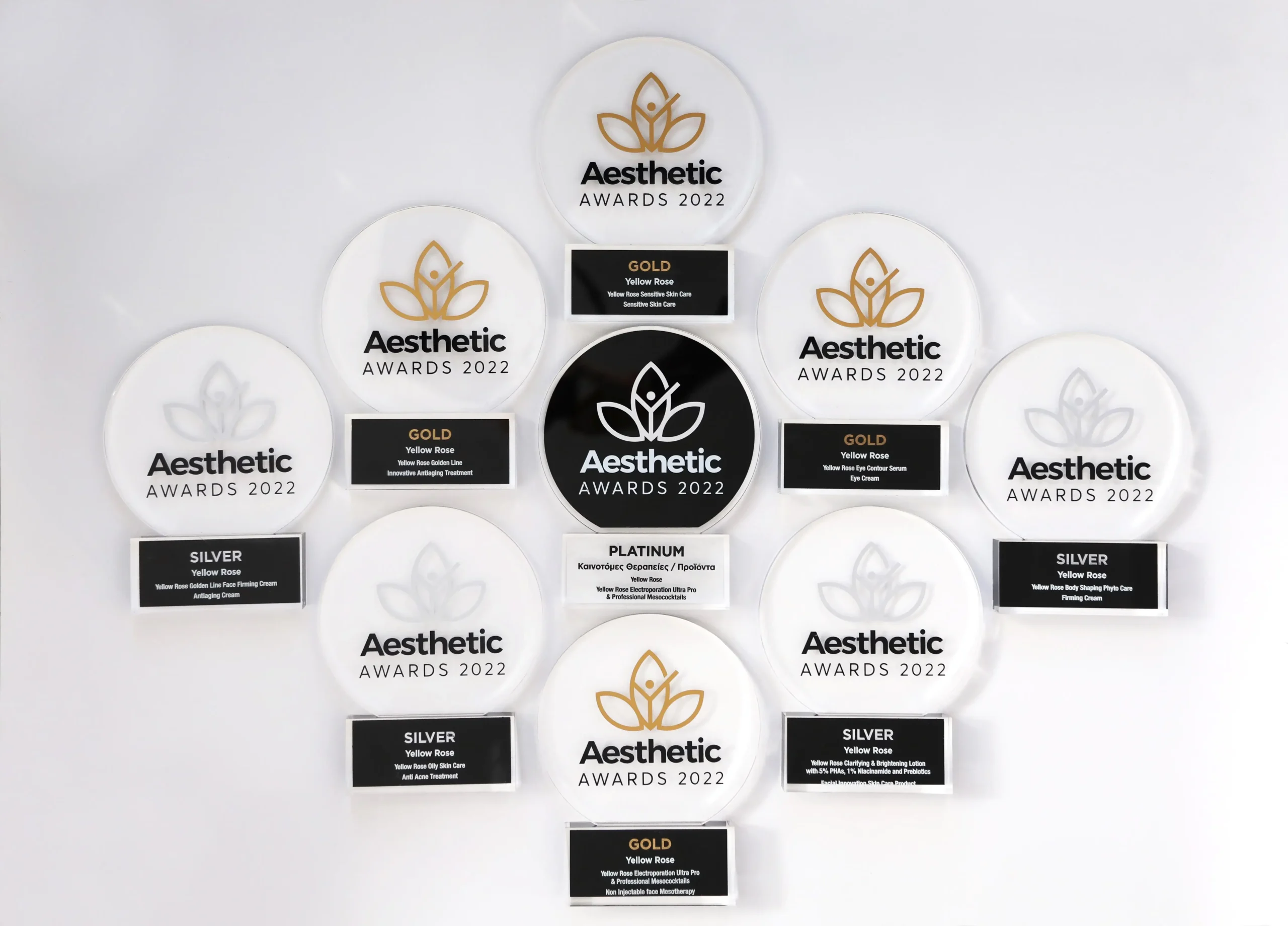 reconocimientos platinum, gold y silver de Yellow Rose en los aesthetic awards